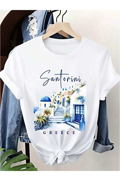 23ERVA Greece, Women's Santorini Island Scene With Blue Dome And White Buildi...