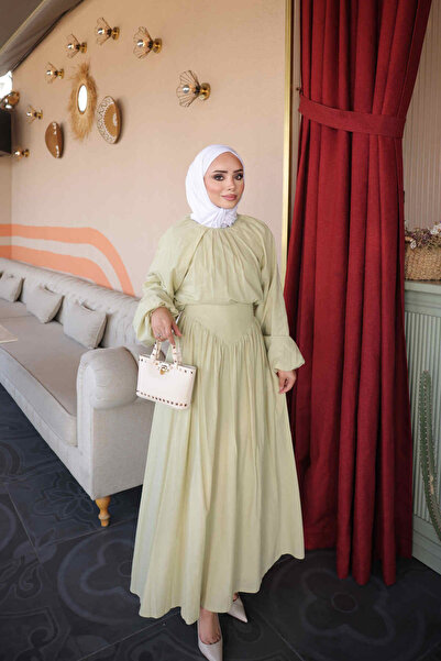İmajButik Olive Elastic Sleeve Blouse Skirt Set