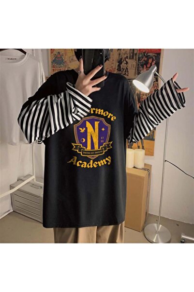 DEEFWEAR تي شيرت أسود للجنسين مطبوع عليه Nevermore Academy بأكمام وهمية