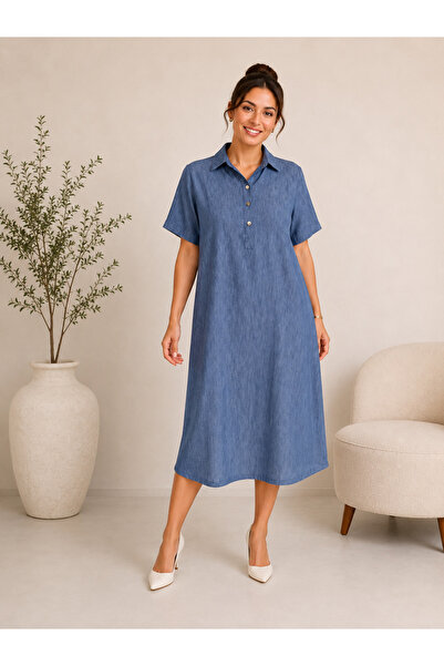 LİKAPA Likapashop Viscose Blended Plus Size Denim Pattern Buttoned Shirt Coll...