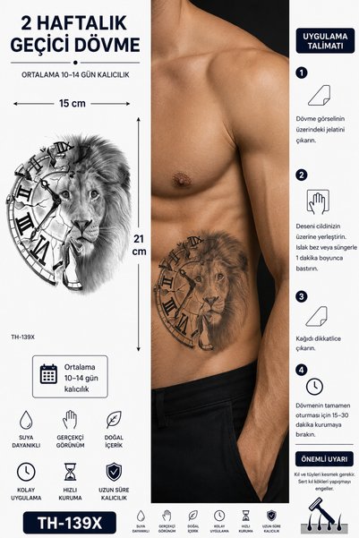 medink tattoo Gerçekçi Aslan ve Saat model geçici kol bacak geçici sticker ya...