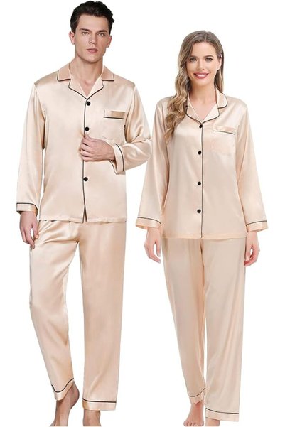 SWOMOG Couples Matching Silk Satin Pajamas Set Long Sleeve Sleepwear Soft But...