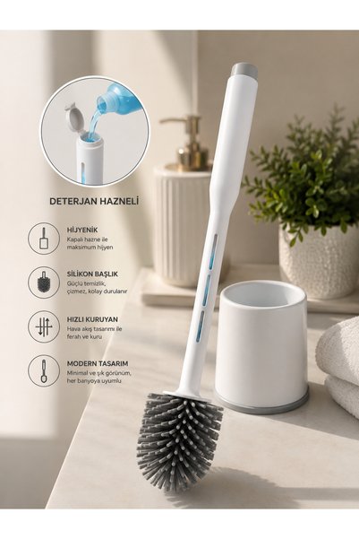 EMİLA HOME Set de perii de toaletă din silicon de nouă generație cu recipient pentru detergent Perie de curățare pentru vasul de toaletă cu detergent