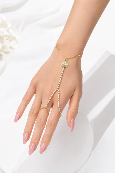 Hayalperest boncuk Gold Color Stone Bridal Shahmeran Women's Hand Accessory F...