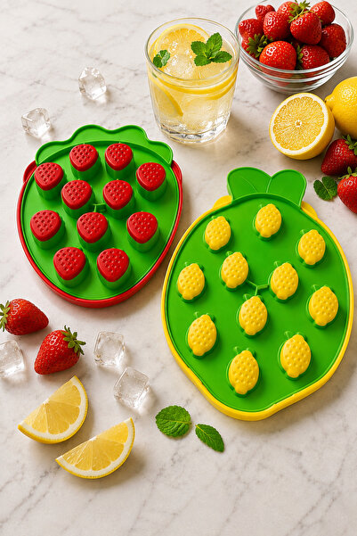 EMİLA HOME Plastik-Silikon Çilek ve Limon Şekilli 2 Adet Buz Kabı-Kapaklı Buzluk
