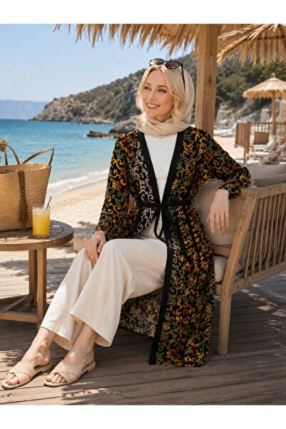 moonra collection Etnik Desen Trend Kuşaklı Tesettür Kimono