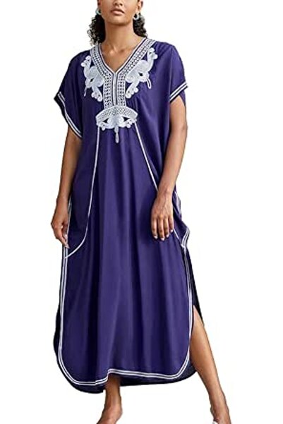 YouKD Embroidered Floral Kaftan Bohemian Beach Dress Bikini Coverups Long Bat...