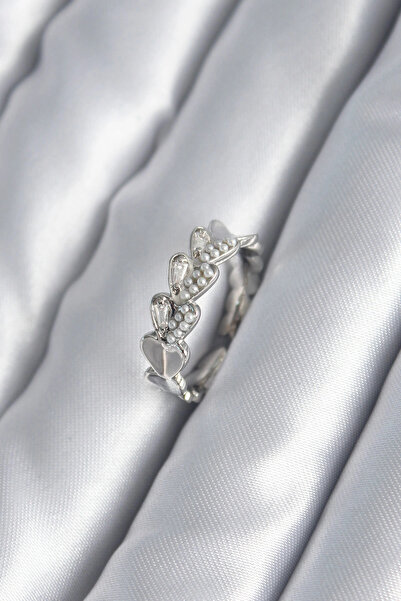SORA GROUP Brass Silver Color Heart Model Pearl Detail Women's Ring