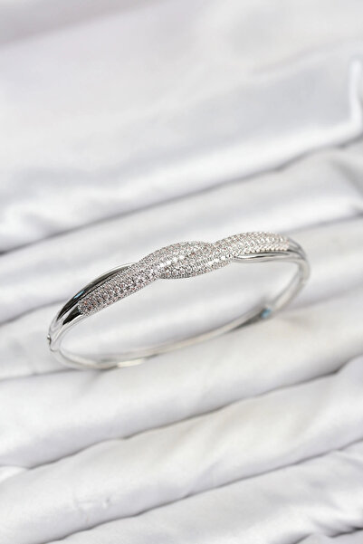 SORA GROUP Silver Color Zircon Stone Spiral Model Women's Cuff Bracelet