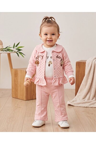 Ege Bebek Baby Girl Stylish 3-Piece Cardigan Set with Mushroom Detail, Sweats...