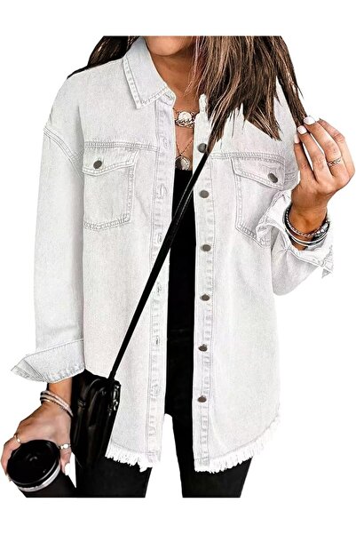 Generic Women's Casual Denim Jackets Frayed Hem Washed Button Jean Jacket Dis...