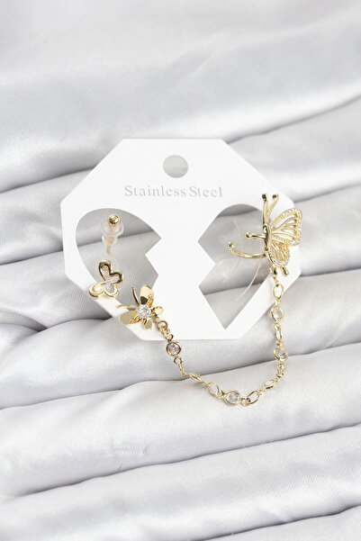 SORA GROUP Butterfly Model Brass Gold Color Chain Linked Ear Cuff Earring Set