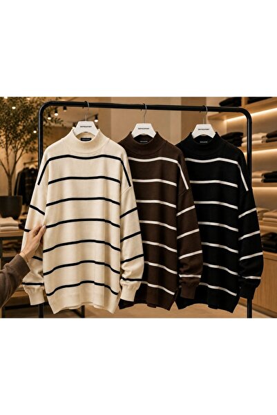 DepoExport Women's 3-Piece Striped Knitwear Sweater Oversize Loose Design