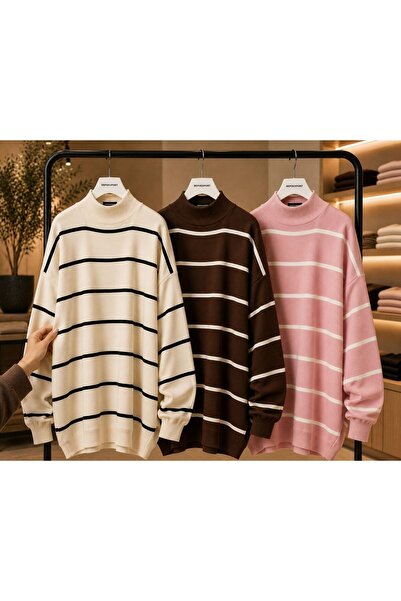 DepoExport Women's 3-Piece Striped Knitwear Sweater Oversize Loose Design