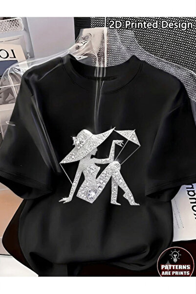 one button Şemsiyeli Parlak Karakter Baskılı Premium Oversize T-shirt