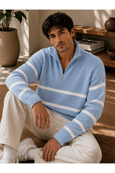 DepoExport Men's Thessaloniki Knitted Half-Zip Striped Knitwear Sweater with ...