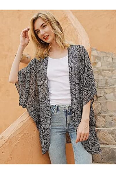 Women's Floral Print Chiffon Puff Sleeve Kimono Cardigan Loose Cover Up Casual