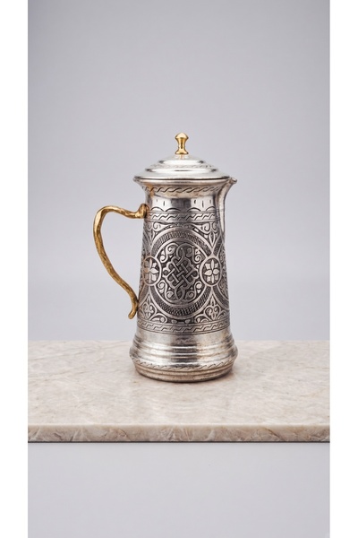 Zinnun Bakır Sürahi Kapaklı Konik Sık El Oyması Retro Motif 2'lt