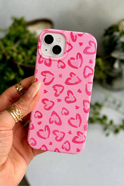 MustCase iPhone 13 / 14 / 15 Uyumlu Pembe Kalp Desenli Sevimli Şık Silikon Te...