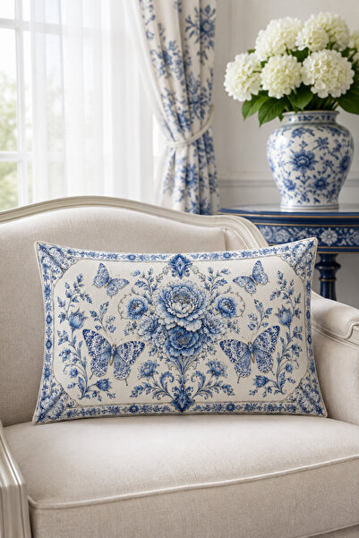 HOMESSA Chinoiserie Blue Butterfly 2-Piece Throw Pillow Cover 35X55 cm