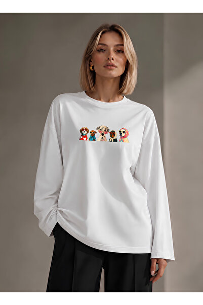 Grafftee Clothing Suerte Cute Dog Printed Oversize Women's Long Sleeve T-Shir...