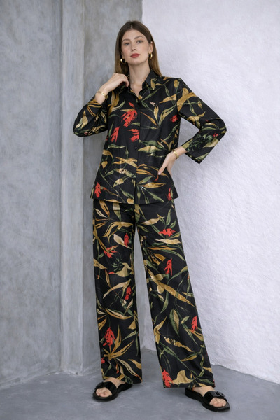 SheLoria Women's Black Floral Patterned Viscose Shirt and Trousers Set