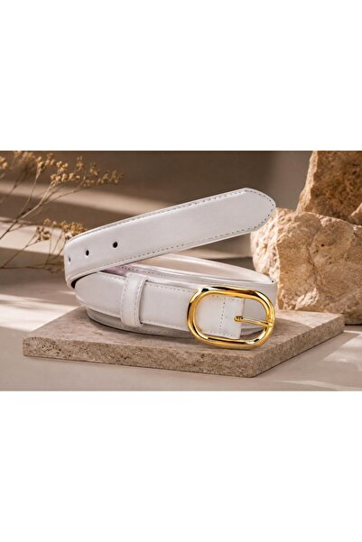 WİLLİAMPOLO Asian Genuine Leather Gold Buckle White Women's Belt