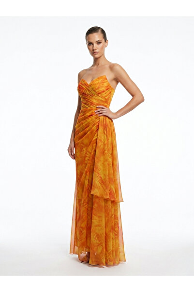Vina Straplez Desenli Şifon Elbise Orange
