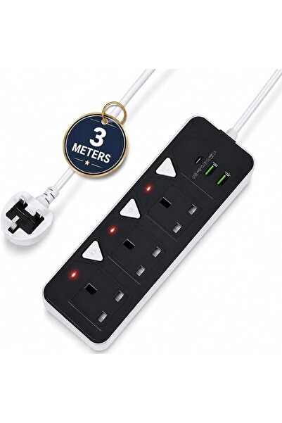 Generic Power Strip 3 UK Outlets 2 USB 1 Type C Ports Individual Switches 3M ...