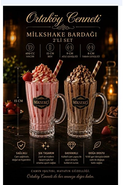 ORTAKÖYCENNETİ Milkshake 2li cam kalın kalıteli bardak 400 cc hacim 15 cm boy...