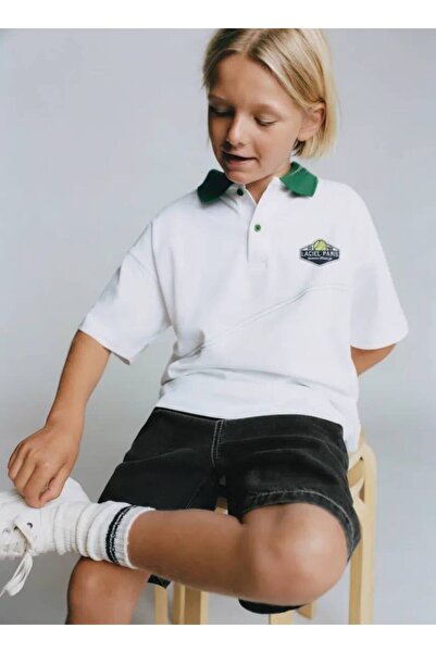Motebarn Wear Boy's Green Polo Collar Tennis Embroidered White Short Sleeve T...