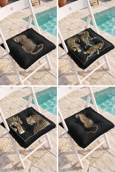 Realhomes Black Floor Modern 4-Piece Fringed Puffy Chair Cushion Set with Leo...