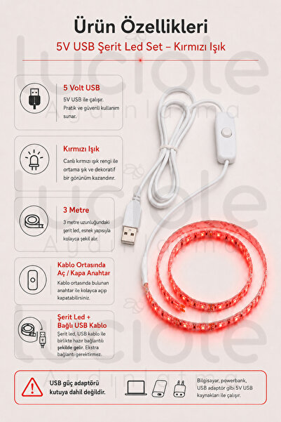 luciole 3 Metre 5V USB Kırmızı Şerit LED Aç Kapa Anahtarlı Gaming TV Masa Raf Araç Dekoratif Led