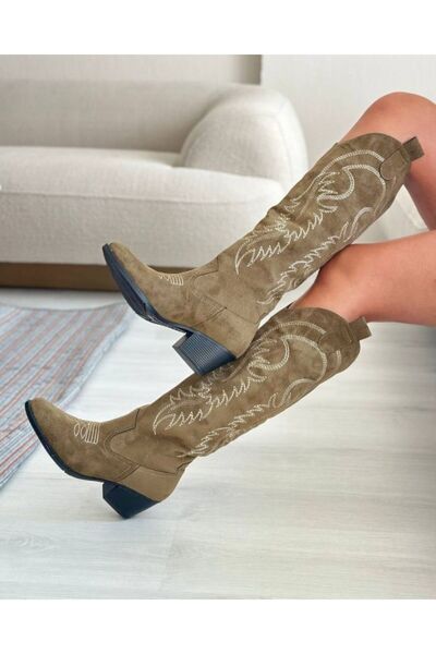 Favi Ayakkabı Khaki Suede Cowboy Style Boots with Embroidery on the Toe and S...