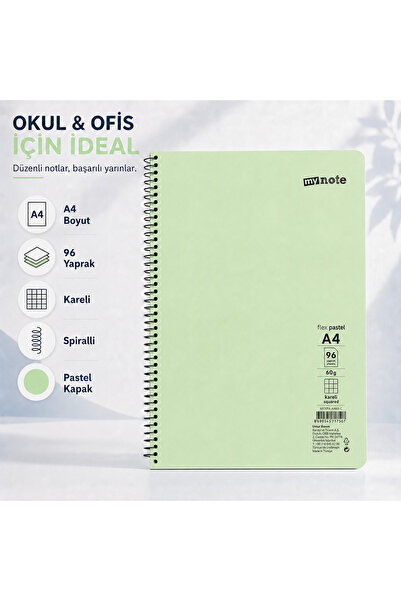 Mynote Flex Pastel A4 96 Yaprak 60 gr Spiralli Kareli Defter