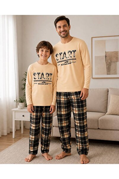 Fil Kids Father-Son Boy's Beige Plaid Patterned Winter Crew Neck Pajama Set C...