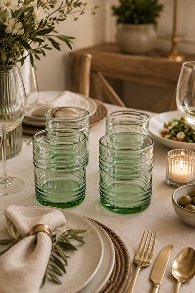 Raneel Kazançlı Alışveriş 4-Piece Striped Green Glass Soft Drink Glasses