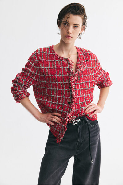 H&M Saçaklı ve Jakarlı Triko Hırka