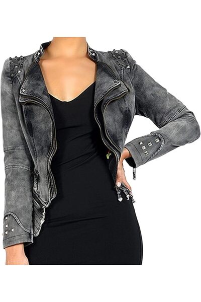 Generic Women's Fashion Shaping Denim Jacket Inlaid with Punk Motorcycle Ridi...
