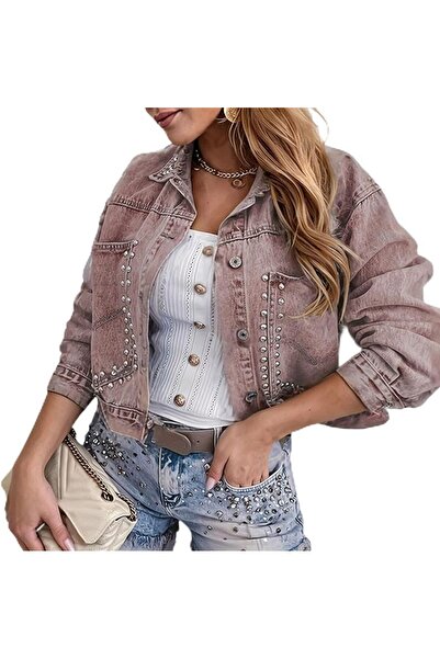 Generic Women's Studded Cropped Denim Jacket Casual Western Jean Coat | Cropp...