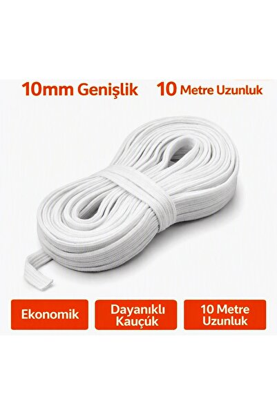 Algelsineve Beyaz 10mm Şerit Yassı Lastik ( 10 Metre ) Çarşaf, elbise lastiği