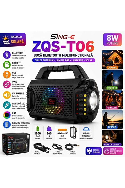 ASMXX Boxă Bluetooth Portabilă SING-E ZQS-T06, 8W, Difuzor 3", Baterie 1800mA...