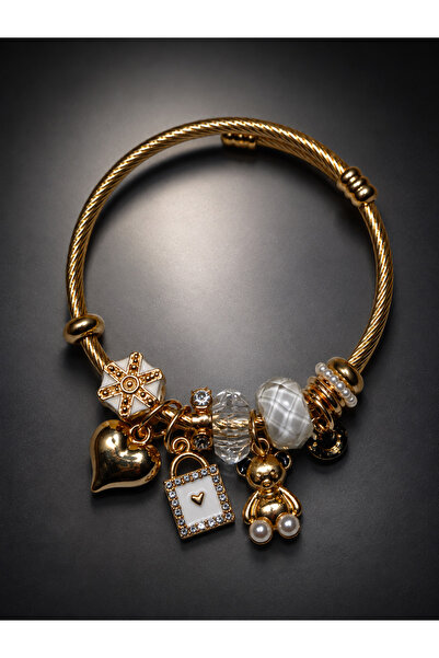 Genel Markalar Kadın Gold Charm Bileklik – Beyaz Taşlı, Kalp Ayıcık Çanta Fig...