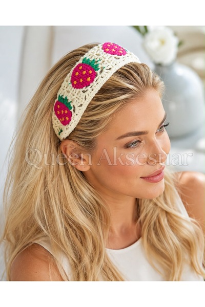 QUEEN AKSESUAR Trend Wide Weave Strawberry Pattern Knitted Crown Hair Band Bo...