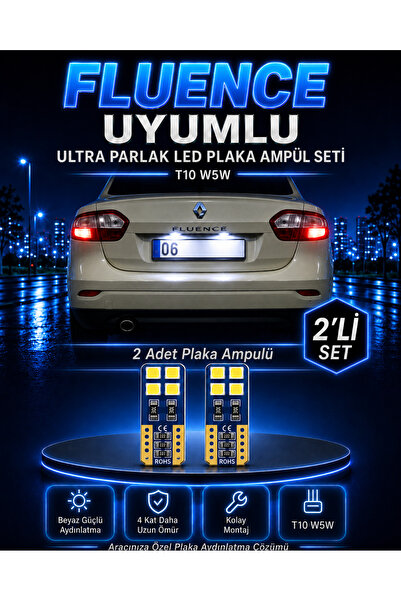 DuoLight Renault Fluence Uyumlu T10 W5W LED Plaka Ampulü 2 Adet Ultra Parlak ...