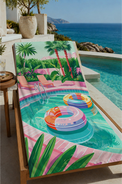 Evmila 70X150 Beach Towel with Tropical Pool and Palm Tree View - Cotton Bath...
