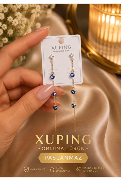 XUPING JEWELRY KUYUMCU SERİ 14K RENGİ ZİRKON TAŞLI NAZAR BONCUKLU ÇELİK KÜPE