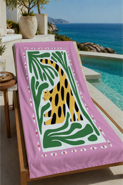 Evmila Ružičasto-zeleni leopard i uzorak tropskog lišća 70x150 peškir za plaž...