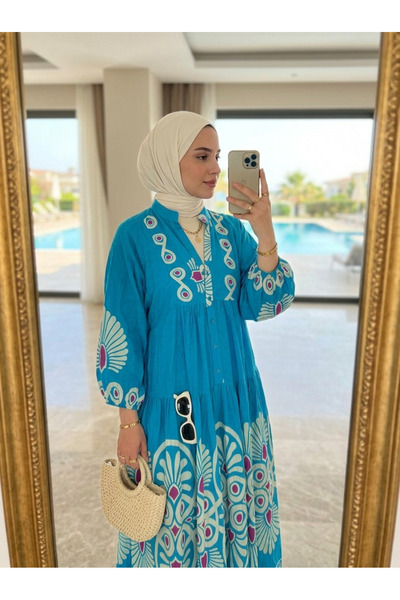 Kirazca Butik Women's Bohemian Patterned Layered Long Sleeve Hijab Dress