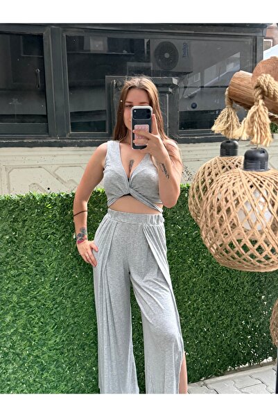 ELA Kruvaze Detay Crop Derin Yırtmaç Detaylı Pantolonlu Sexy Takım